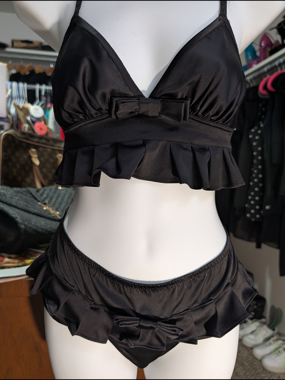 Women’s Black Ruffle Satin Bralette & Bikini Set
